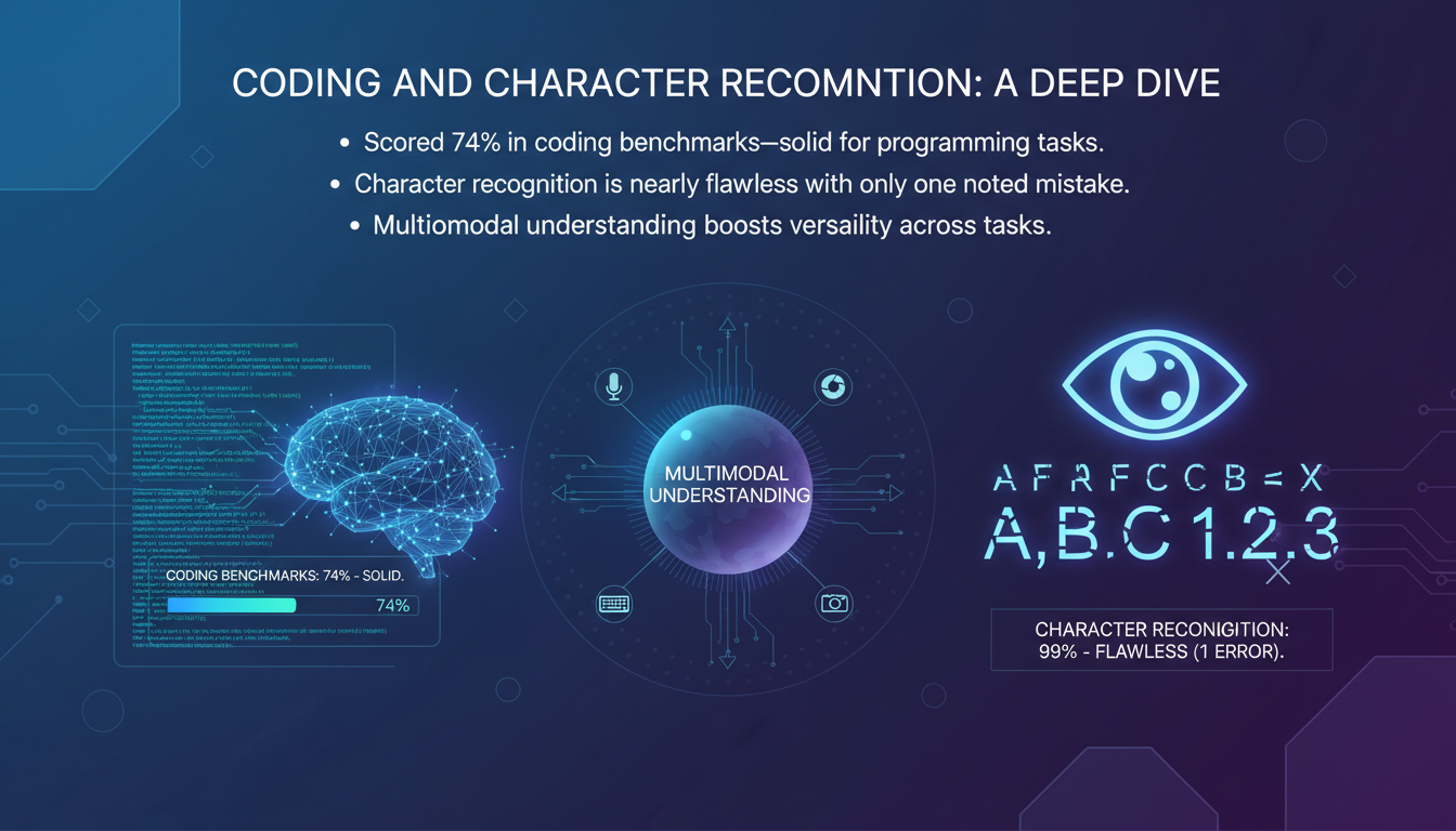 Modern illustration of character recognition and coding, highlighting AI scoring 74% in benchmarks, nearly flawless recognition.