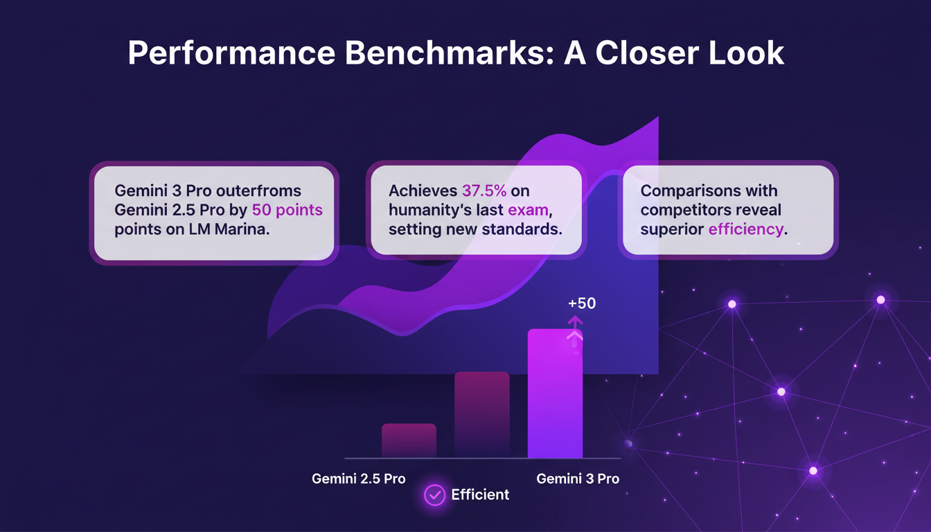 Modern minimalist illustration of Gemini 3 Pro outperforming Gemini 2.5 Pro by 50 points, featuring geometric shapes and violet gradients.