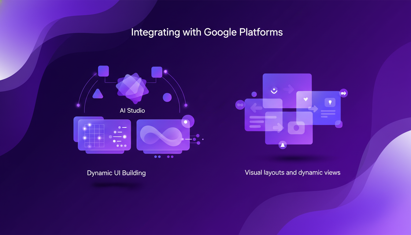 Modern illustration of integrating with Google platforms, highlighting dynamic UI and enhanced workflows for AI technology.