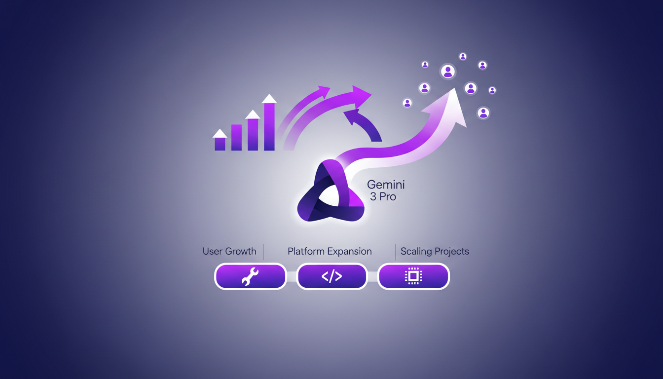 Modern illustration depicting user growth and platform expansion for Gemini 3 Pro, featuring geometric shapes and gradient overlays.