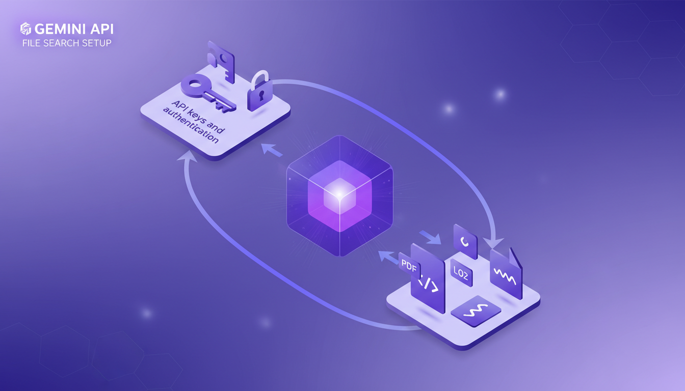 Modern illustration depicting setting up Gemini API for file search with API keys and uploaded documents, featuring geometric shapes and gradients.