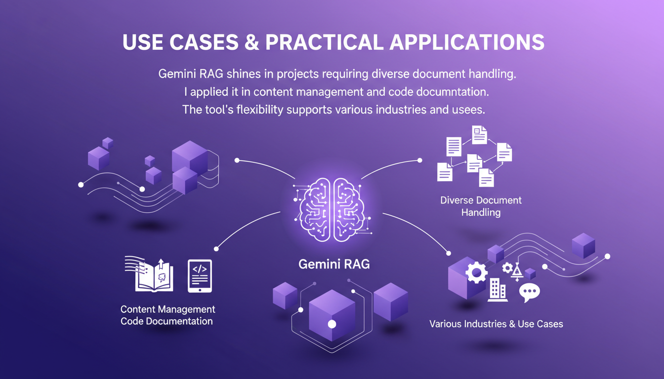 Modern illustration on practical applications of Gemini RAG in content management and documentation, featuring geometric shapes and gradients.