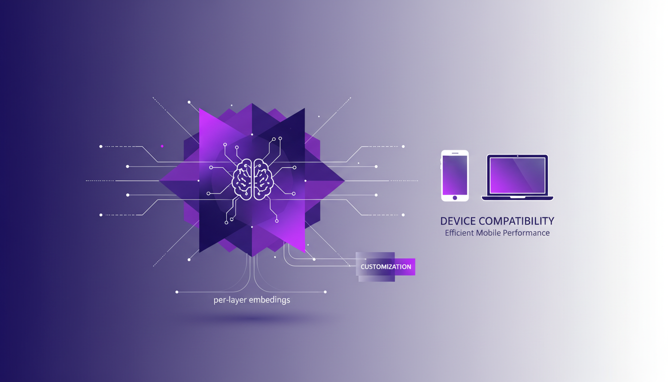 Illustration moderne minimaliste sur la conception conviviale pour les développeurs et la compatibilité des appareils, avec des formes géométriques et des dégradés indigo et violet.