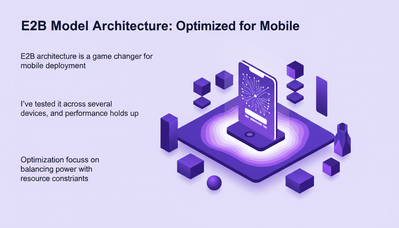 Illustration moderne de l'architecture E2B optimisée pour mobile, avec formes géométriques et dégradés violets, symbolisant l'innovation technologique.