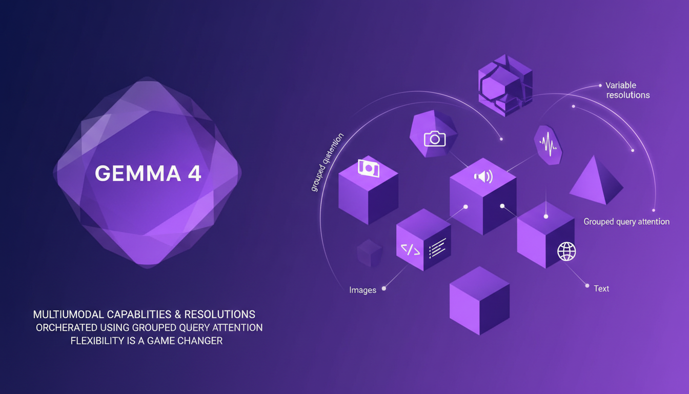 Modern illustration of multimodal capabilities and resolutions with Gemma 4, featuring geometric shapes and violet gradients.