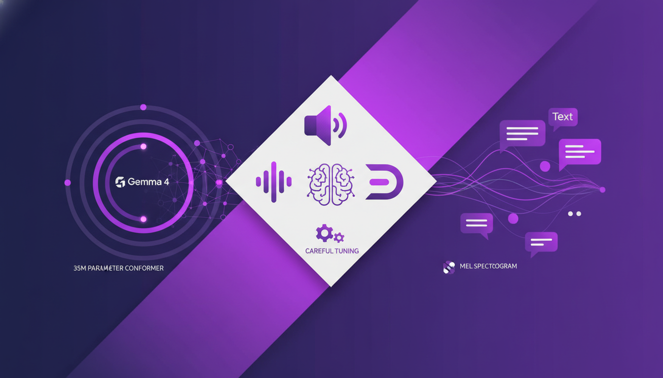 Modern illustration of audio processing and translation with Gemma 4, 35M parameter conformer, MEL spectrogram, indigo and violet palette.