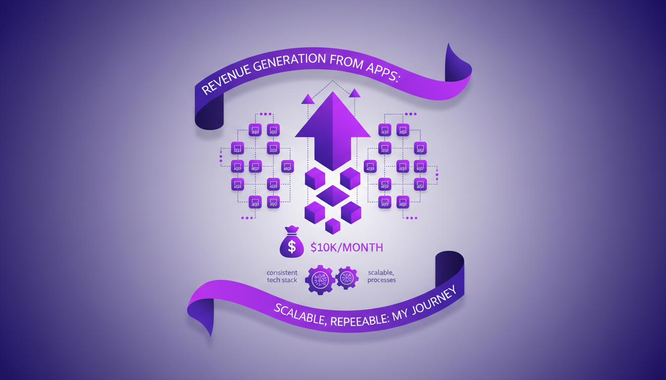 Modern illustration of app revenue generation, $10K/month goal, 28 apps built, consistent tech stack, in indigo and violet tones.