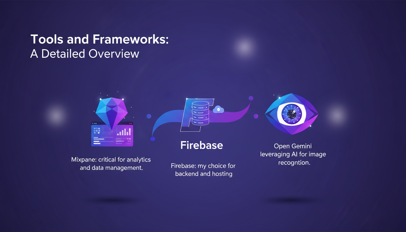 Modern illustration of tools and frameworks: Firebase for backend, Open Gemini for image recognition, Mixpanel for analytics.