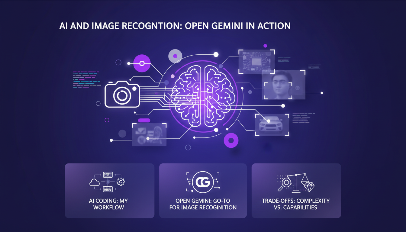 Modern illustration of AI image recognition with Open Gemini, featuring geometric shapes and violet gradients, highlighting technology use.