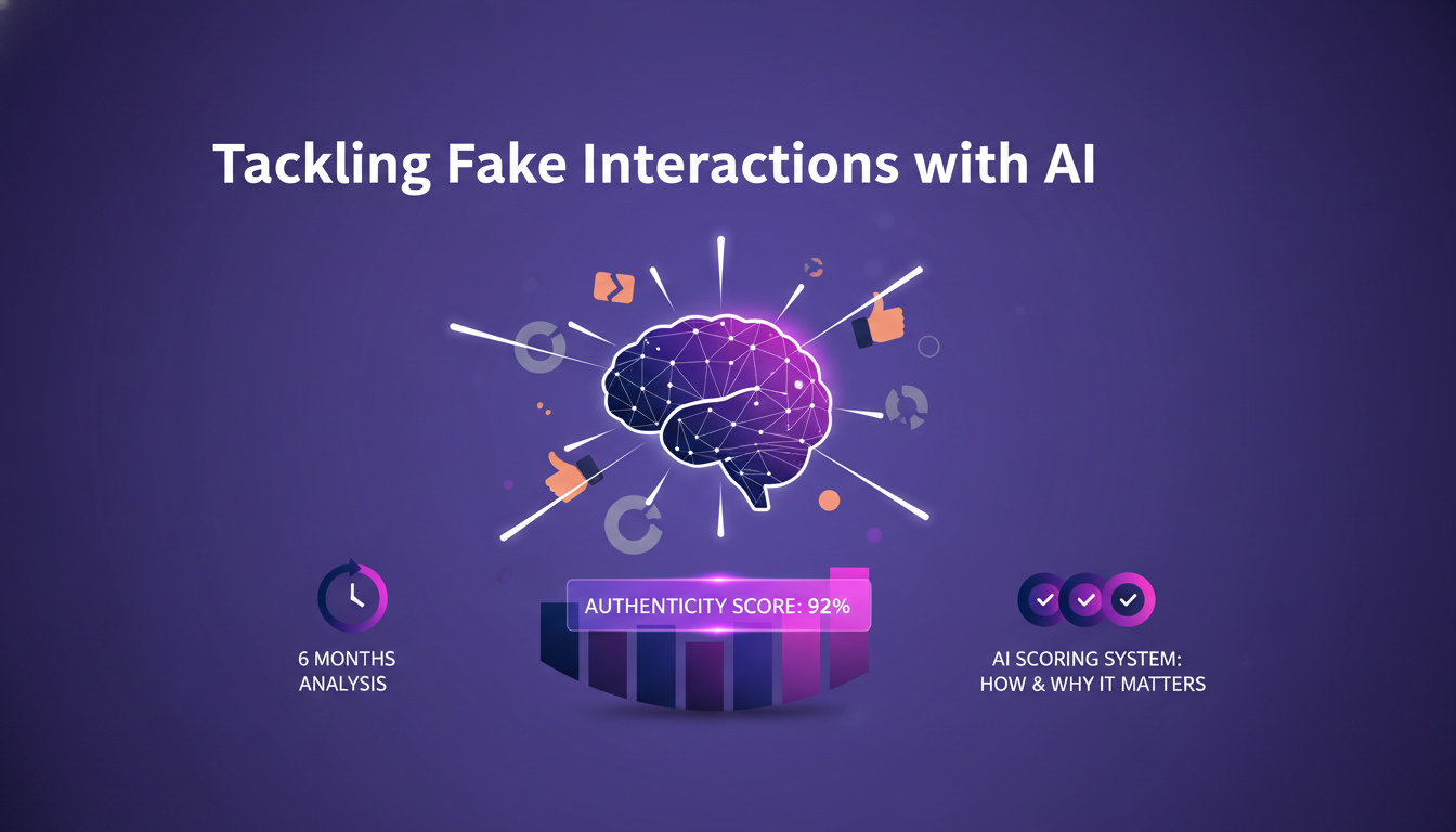 Modern illustration of AI combating fake interactions using geometric shapes and violet gradients, highlighting authenticity scoring.