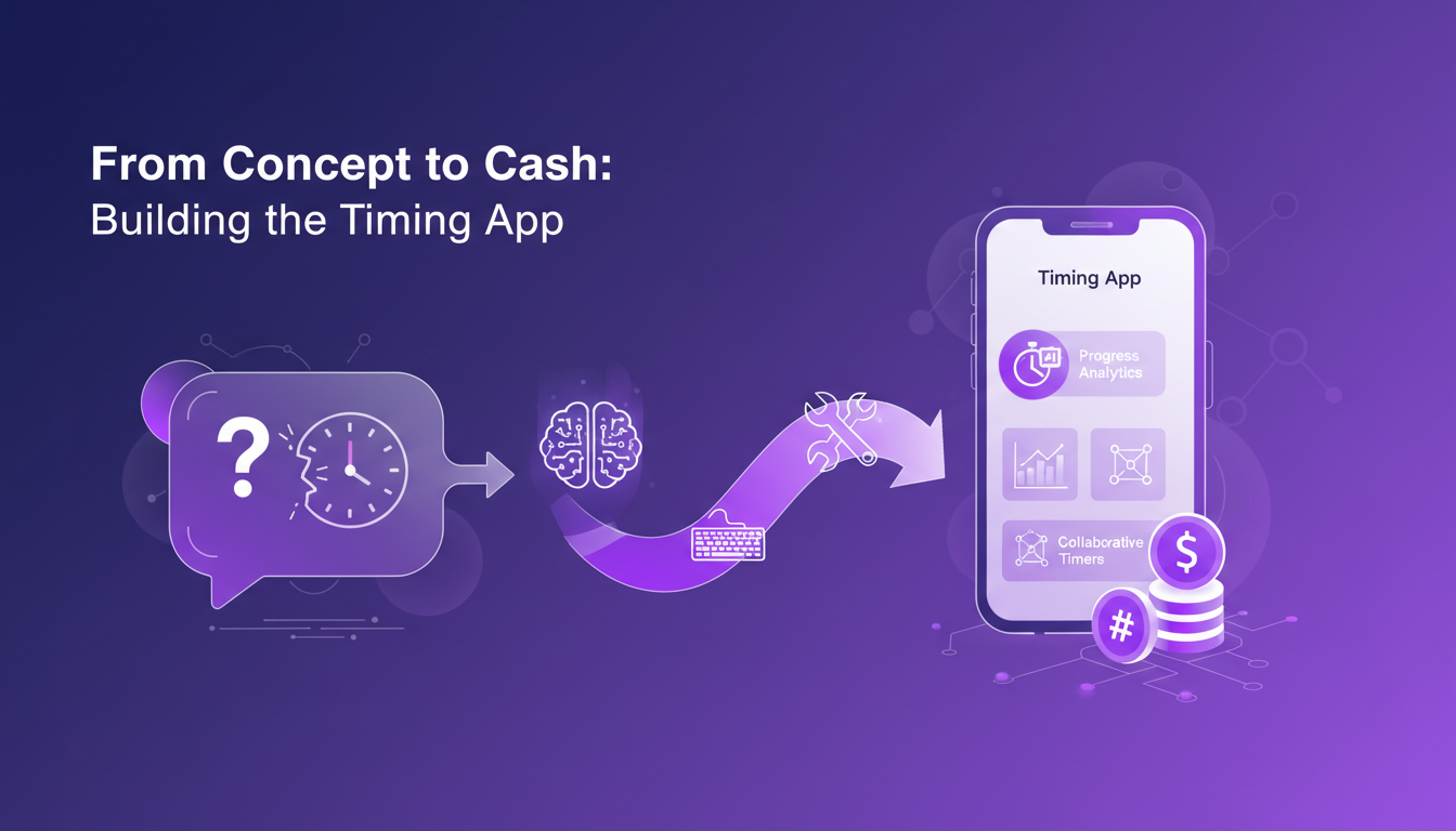 Modern illustration of a timing app, showcasing the developer's journey from concept to execution, minimalist and innovative design.
