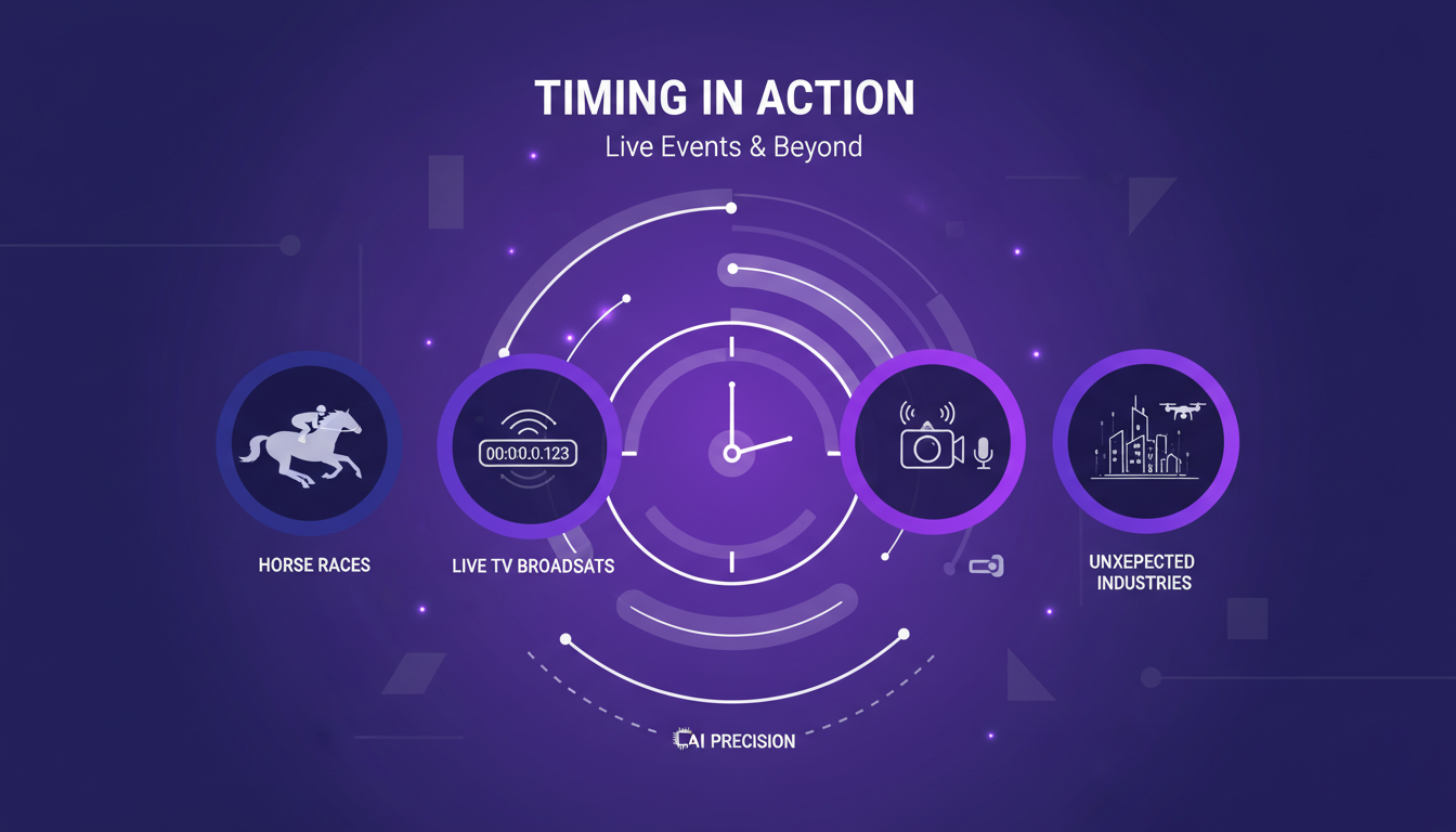 Modern illustration of real-world timing use cases in live events like horse races and TV broadcasts, featuring geometric shapes and gradient overlays.