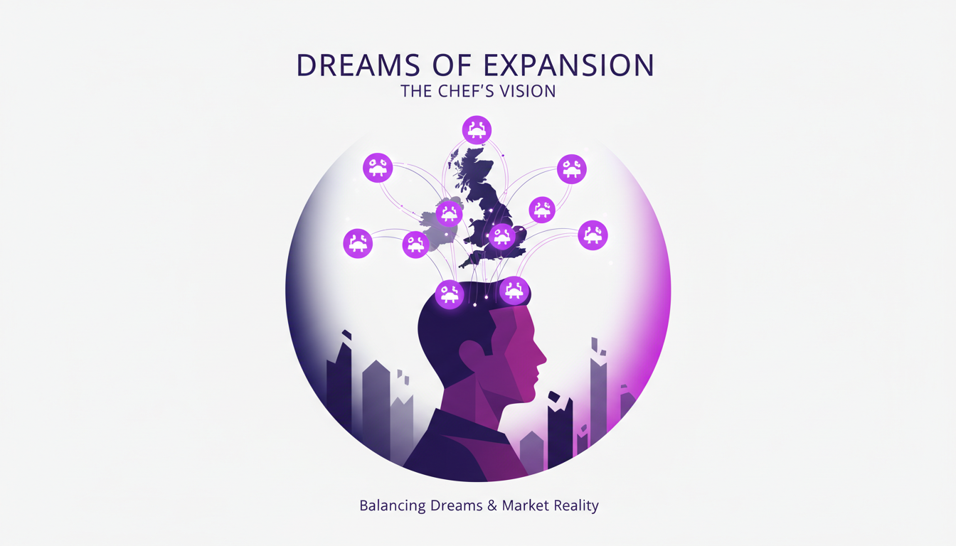 Illustration moderne d'un chef visionnaire planifiant l'expansion de restaurants au Royaume-Uni, avec des formes géométriques et des dégradés violets.