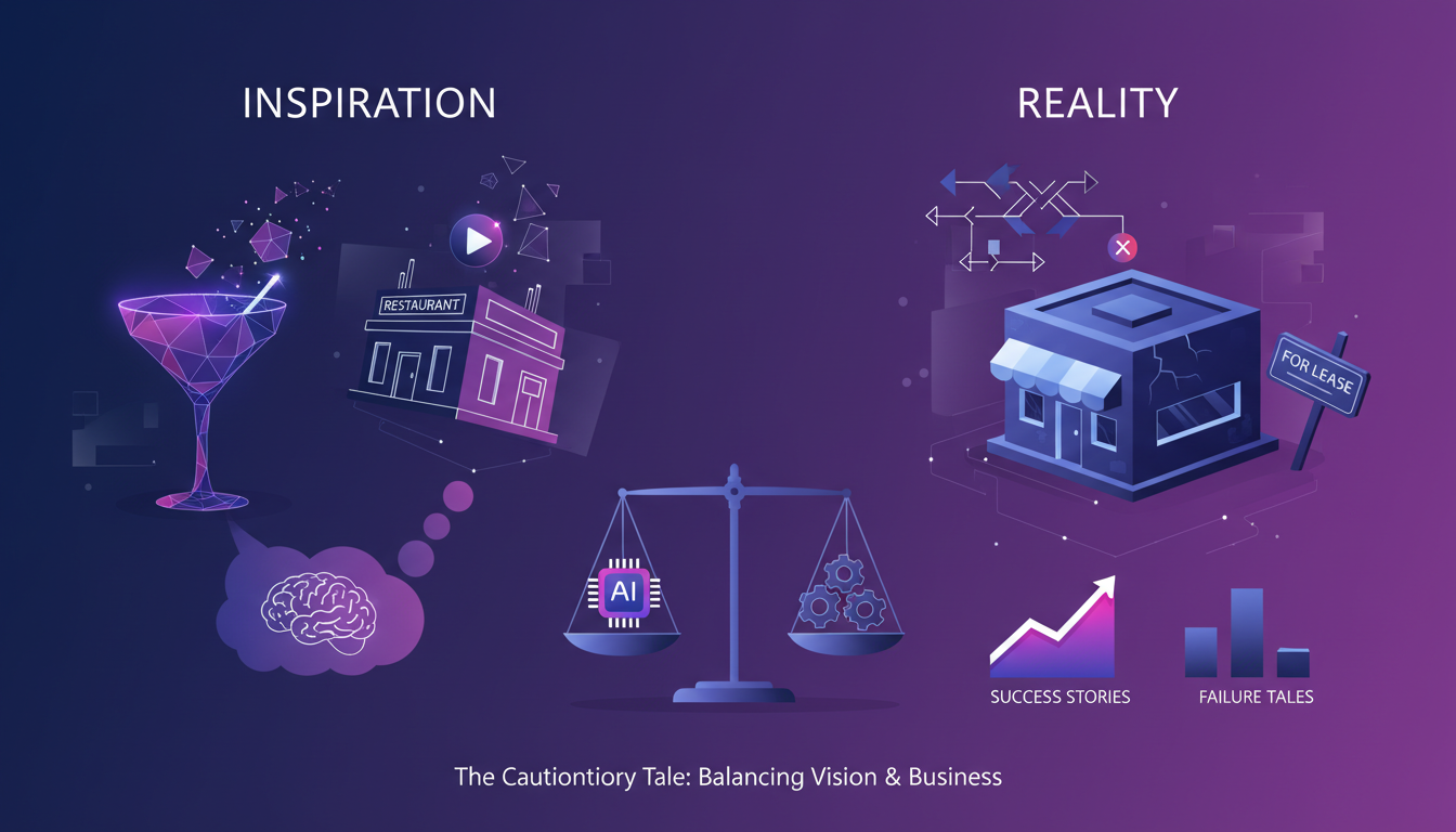 Illustration moderne minimaliste sur Inspiration vs Réalité: mise en garde avec boisson inspirant un restaurant, tons indigo et violet.