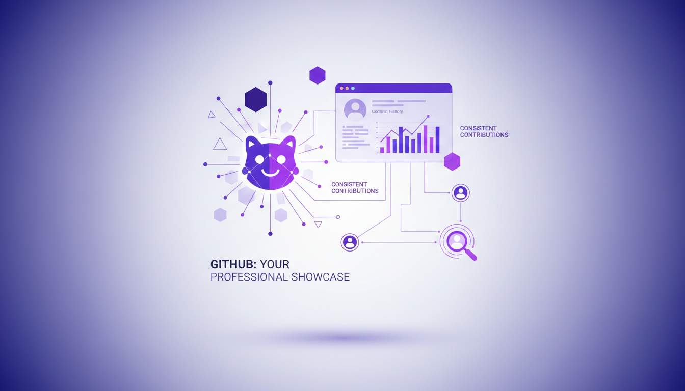 Modern minimalist illustration of a professional GitHub page, highlighting the role of contributions in attracting job opportunities.