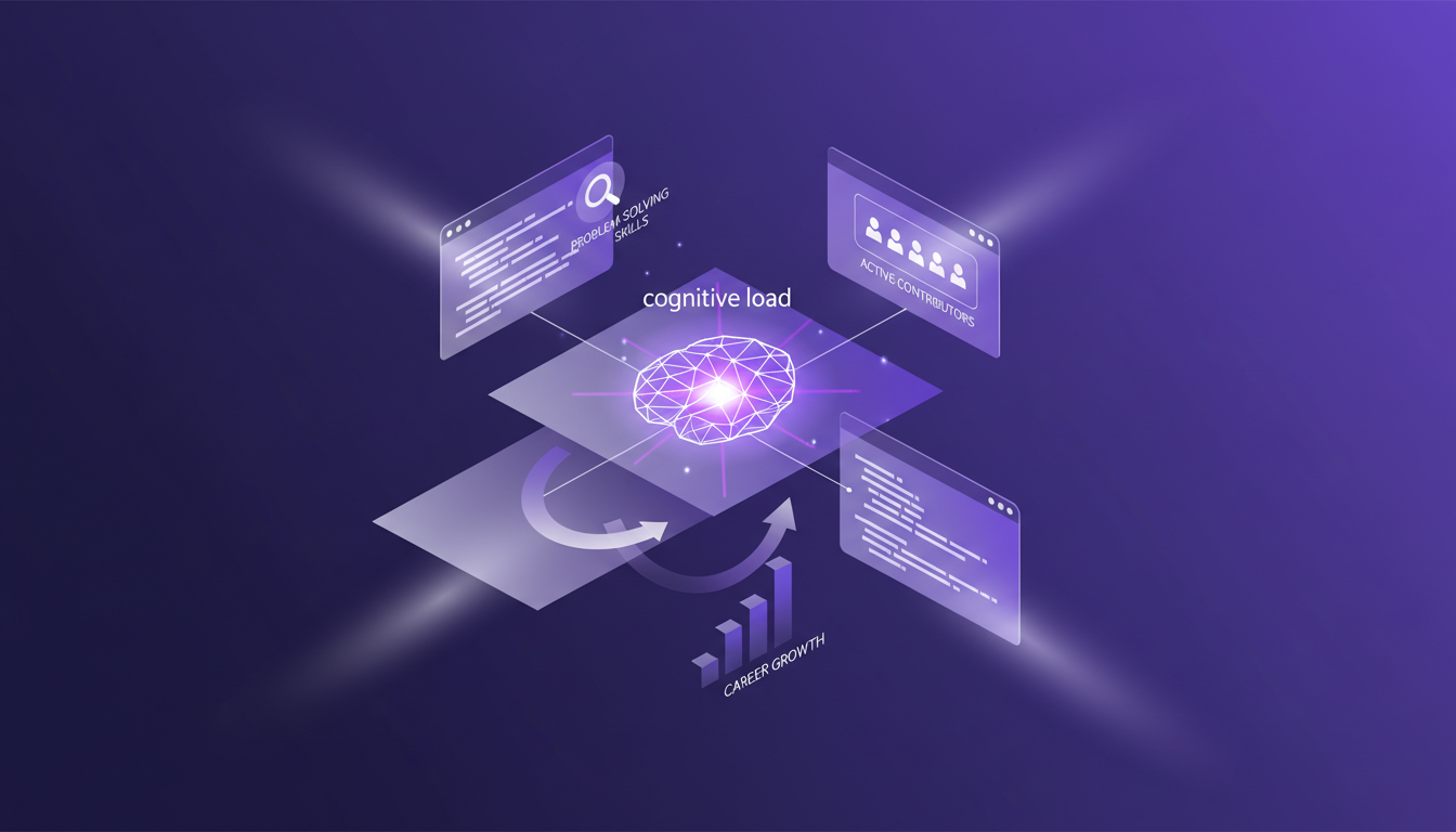 Modern illustration of analyzing pull requests for career growth, featuring geometric shapes and indigo-violet gradients.