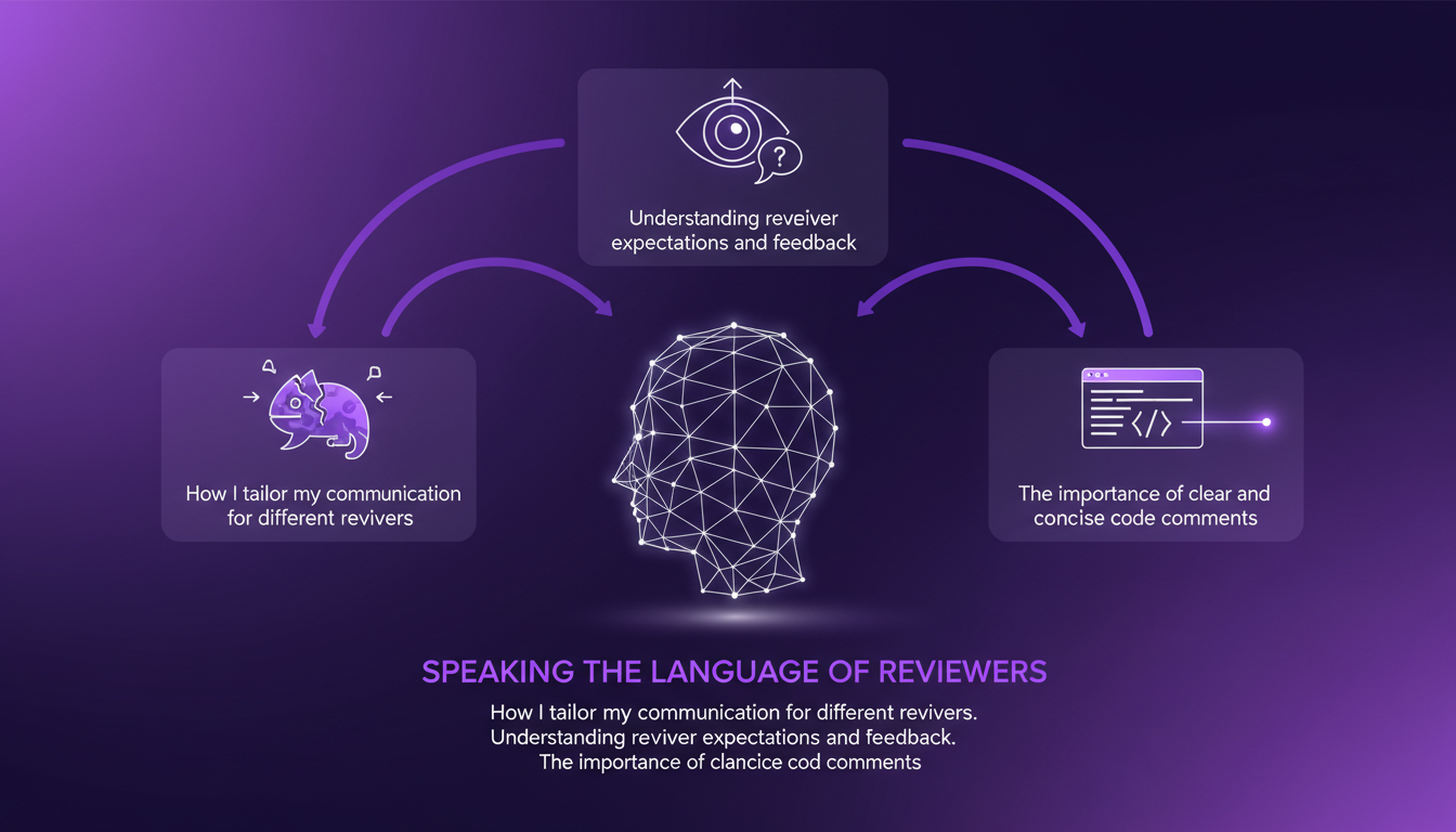 Modern illustration on communicating with reviewers, featuring geometric shapes and violet gradients, focused on AI technology.