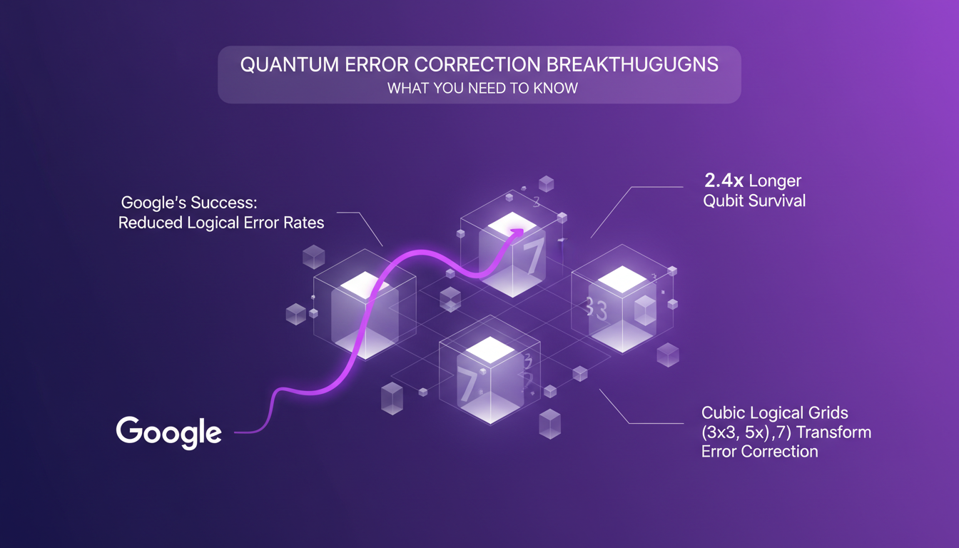 Modern illustration of quantum error correction breakthroughs, featuring cubic logical grids and AI concepts in deep indigo and violet.