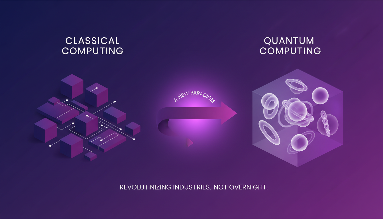 Modern minimalist illustration comparing quantum and classical computing, highlighting key differences and Majorana modes in architecture.