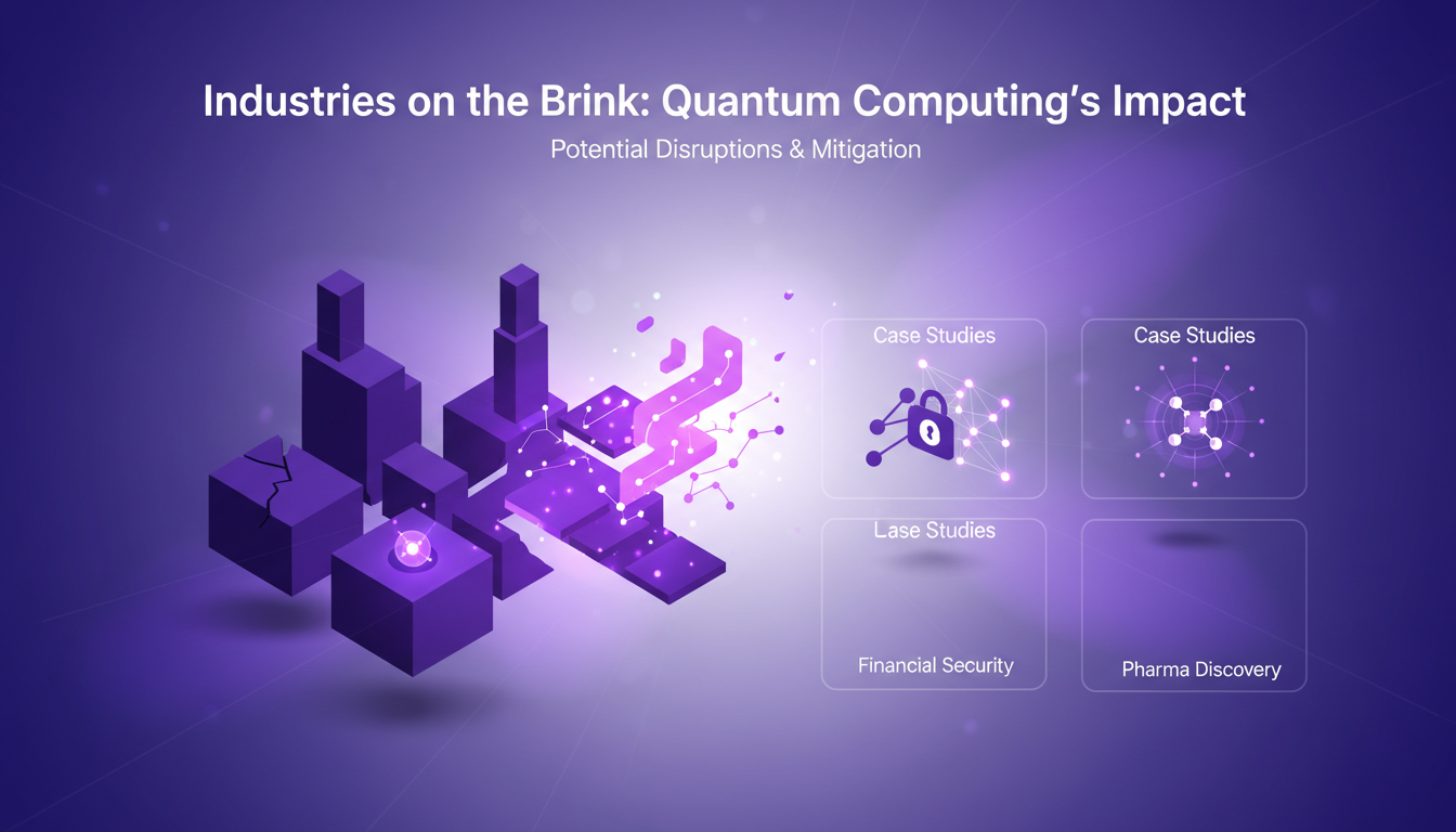 Modern illustration of quantum computing's impact on industries, featuring geometric shapes and indigo-violet gradients.
