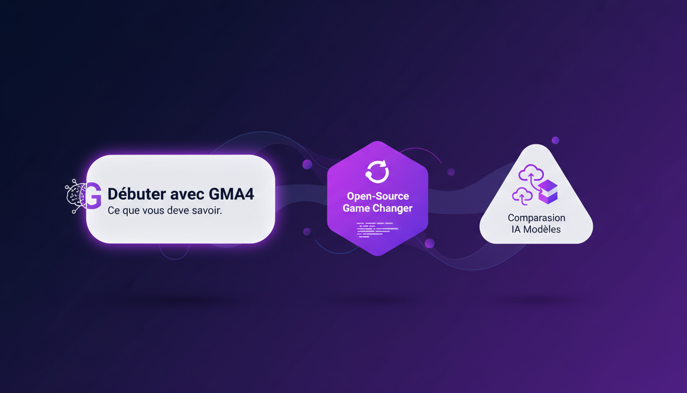 Illustration moderne de GMA4, IA open-source, avec formes géométriques et dégradés violets, comparant des modèles d'IA.