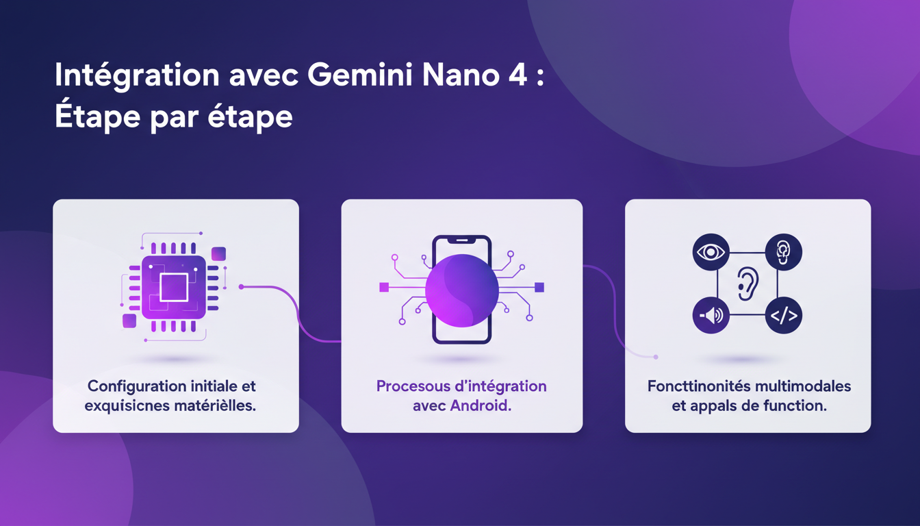 Illustration moderne de l'intégration avec Gemini Nano 4, étape par étape, montrant la configuration initiale et les fonctionnalités multimodales.