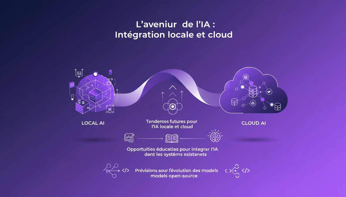 Illustration moderne de l'avenir de l'IA montrant l'intégration locale et cloud avec formes géométriques et dégradés indigo.