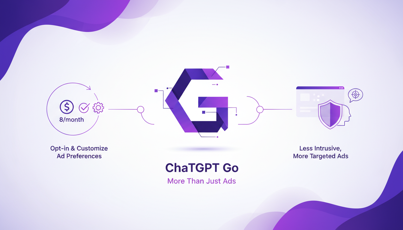 Modern illustration of OpenAI's Chat GPT Go, depicting innovative ad strategy, minimalist in indigo and violet tones.