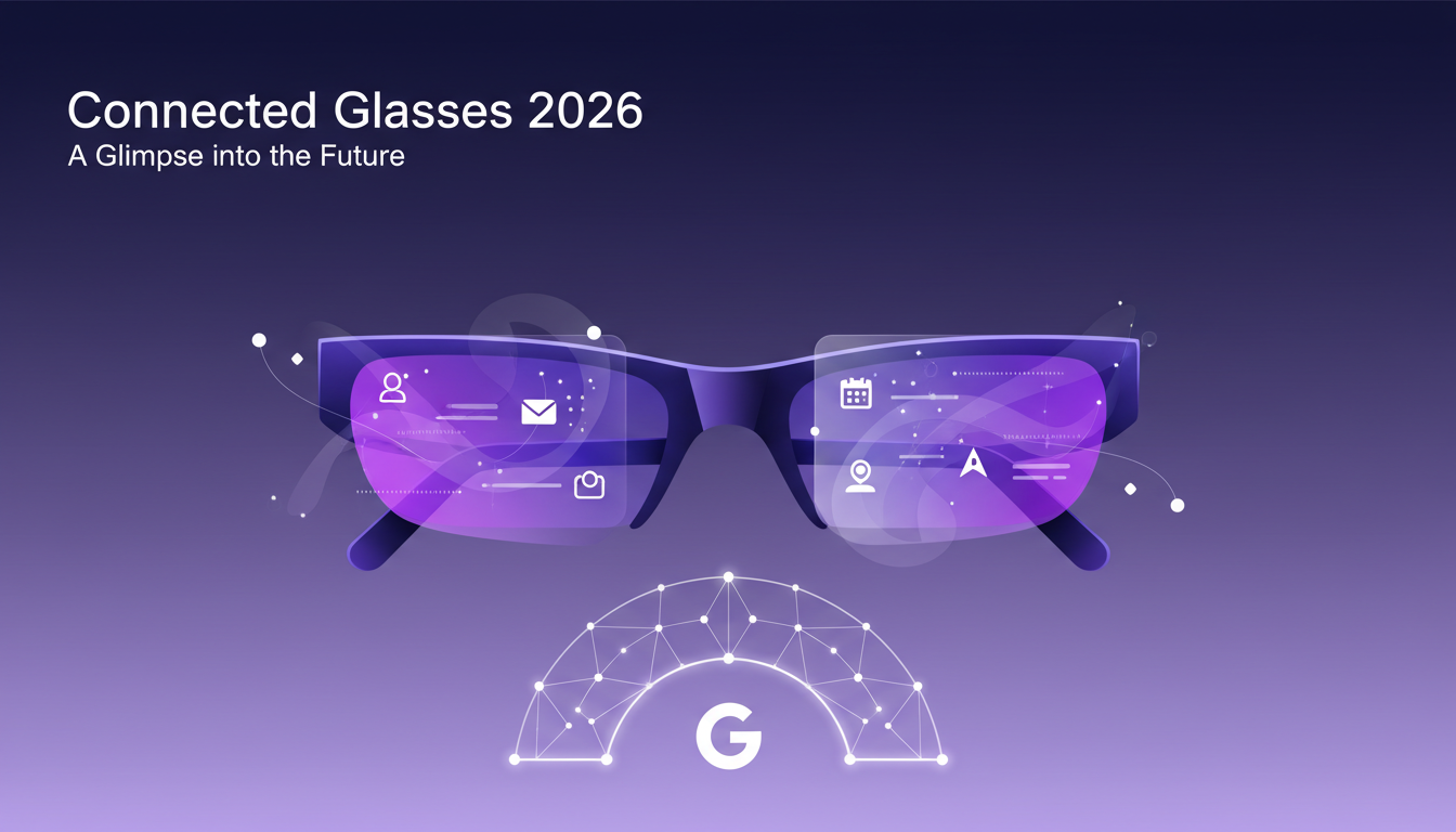 Modern illustration of Connected Glasses 2026, XR tech integrated, minimalist design, indigo and violet palette, future of AI.
