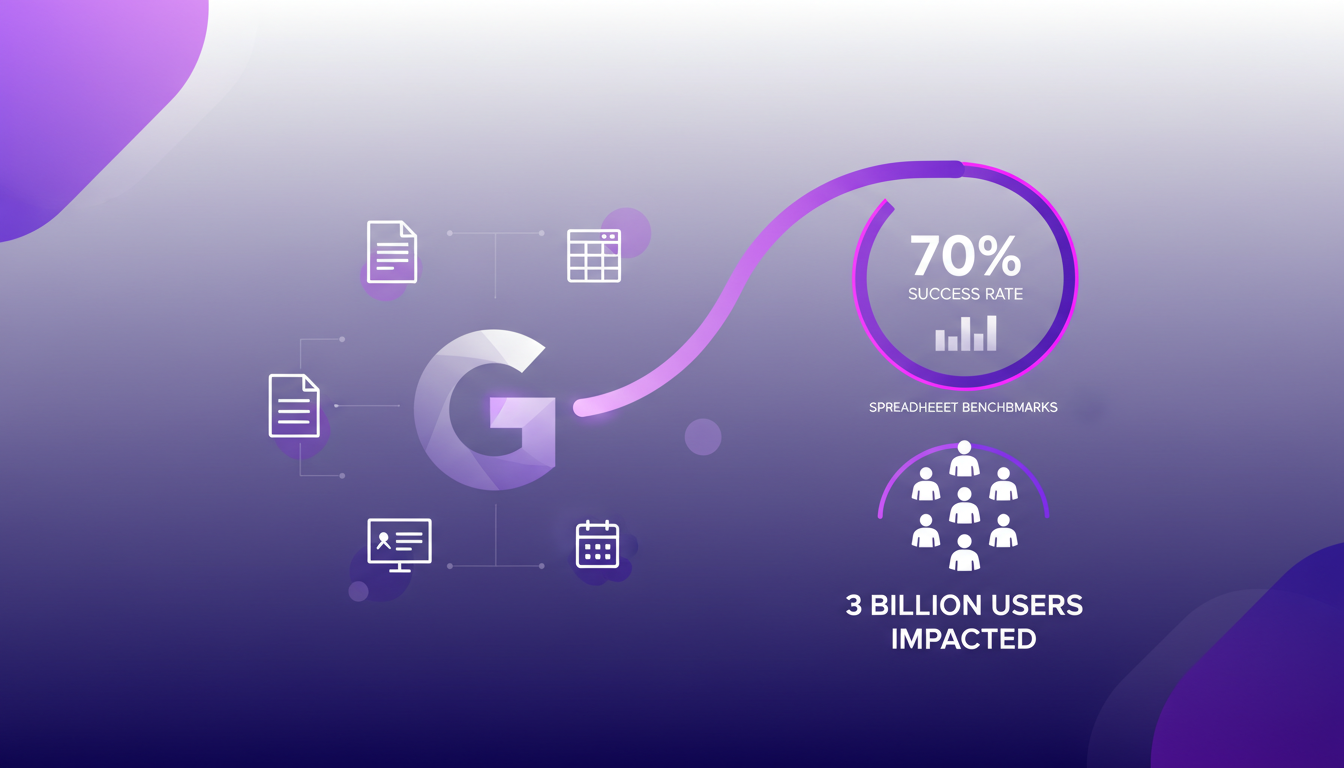Modern illustration of Google's Gémini AI integrated into Workspace, impacting 3 billion users, featuring geometric shapes and gradient overlays.