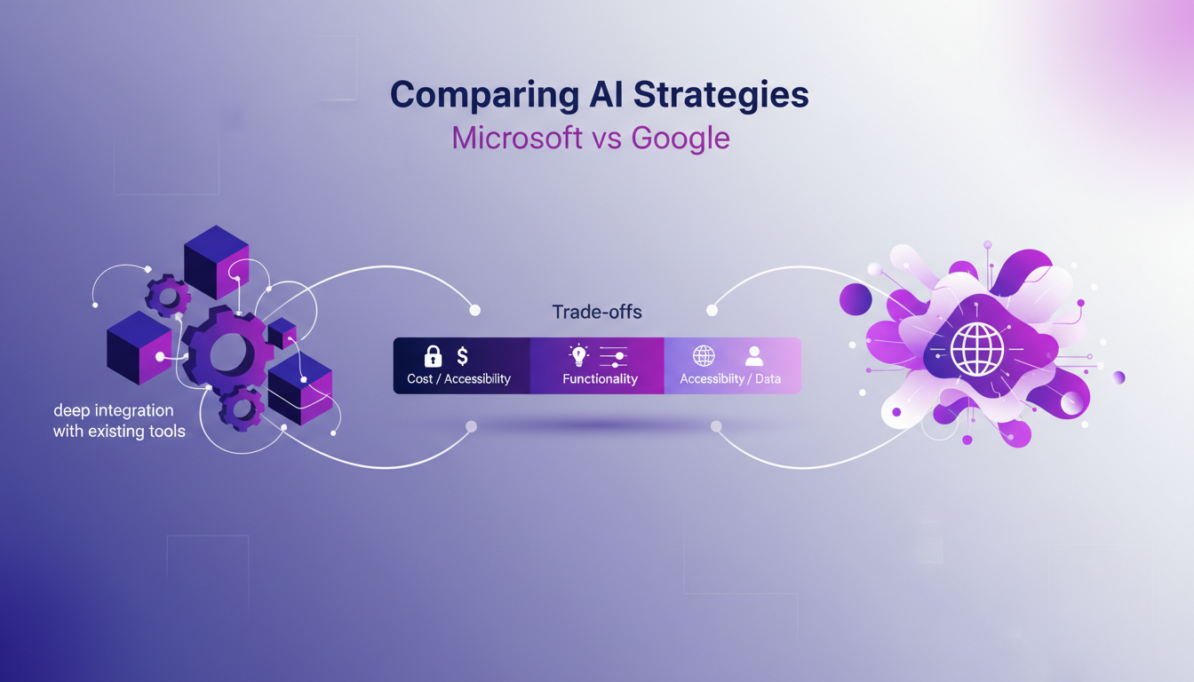 Modern illustration comparing AI strategies of Microsoft and Google, deep integration vs user base, indigo and violet palette.
