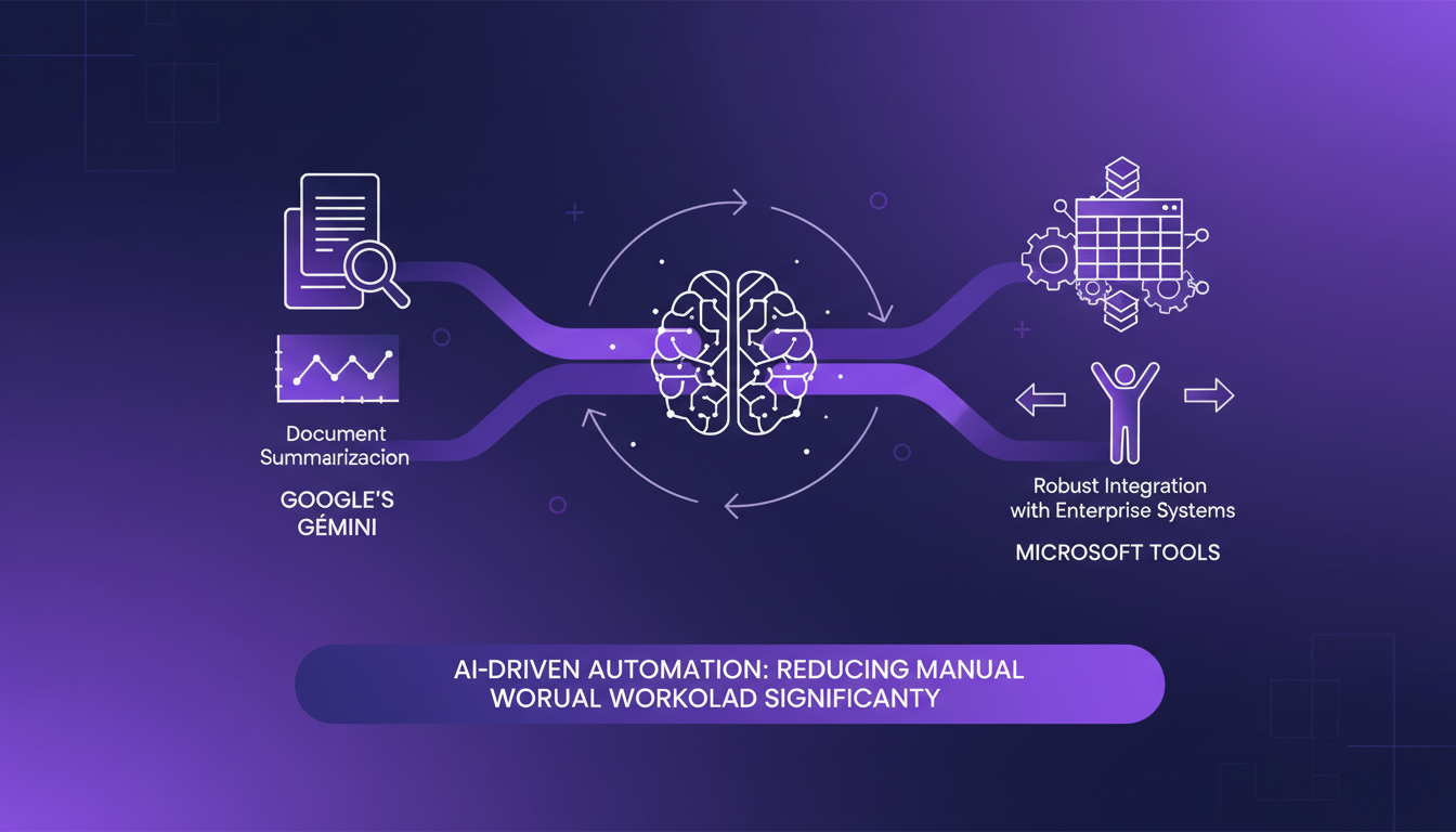 Modern illustration of AI-driven document and spreadsheet automation, robust integration, and data insights with a minimalist style.
