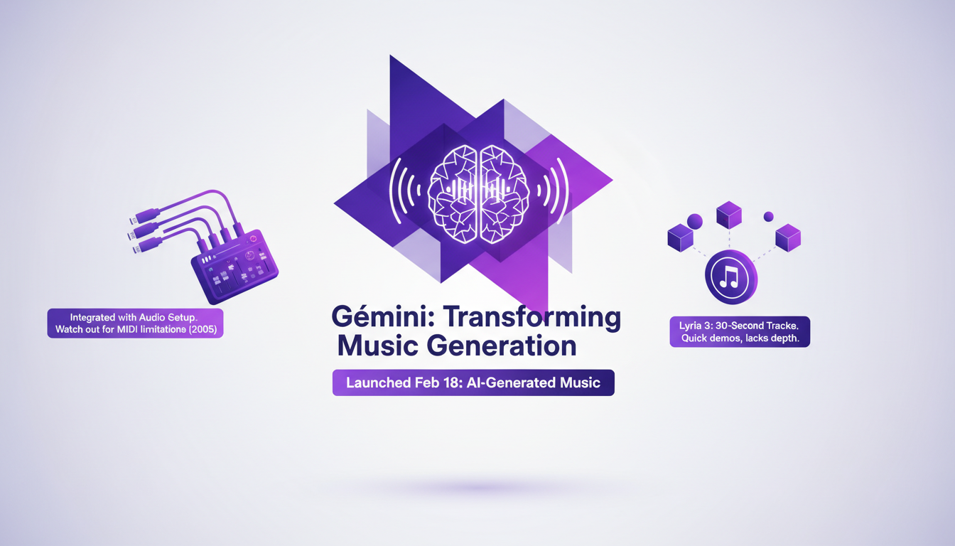 Illustration moderne de Gémini, génération musicale AI, intégrée à l'audio avec limitations MIDI 2005, couleurs indigo et violet.