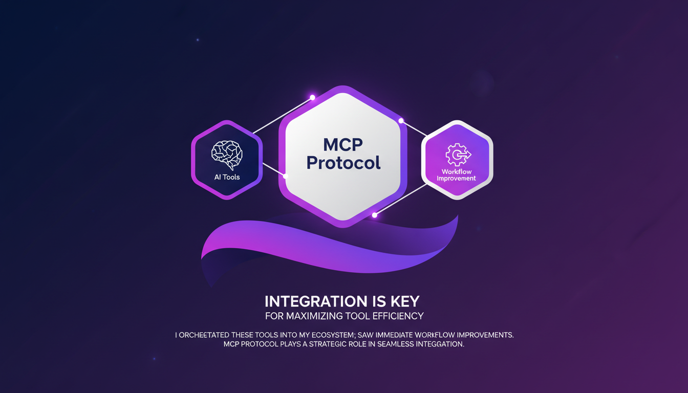 Illustration moderne de l'intégration des outils IA dans un écosystème cohérent avec des formes géométriques et des dégradés violets.