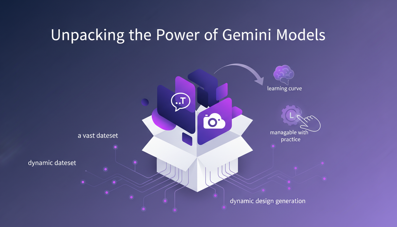Modern illustration of Gemini models integrated into Stitch, showcasing AI power with geometric shapes and violet gradients.
