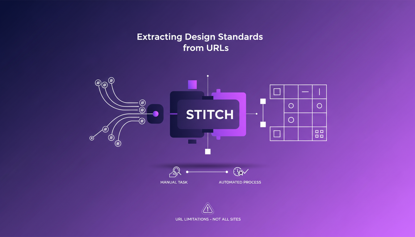 Modern illustration of extracting design standards from URLs using Stitch, featuring geometric shapes and gradients in deep indigo and violet.