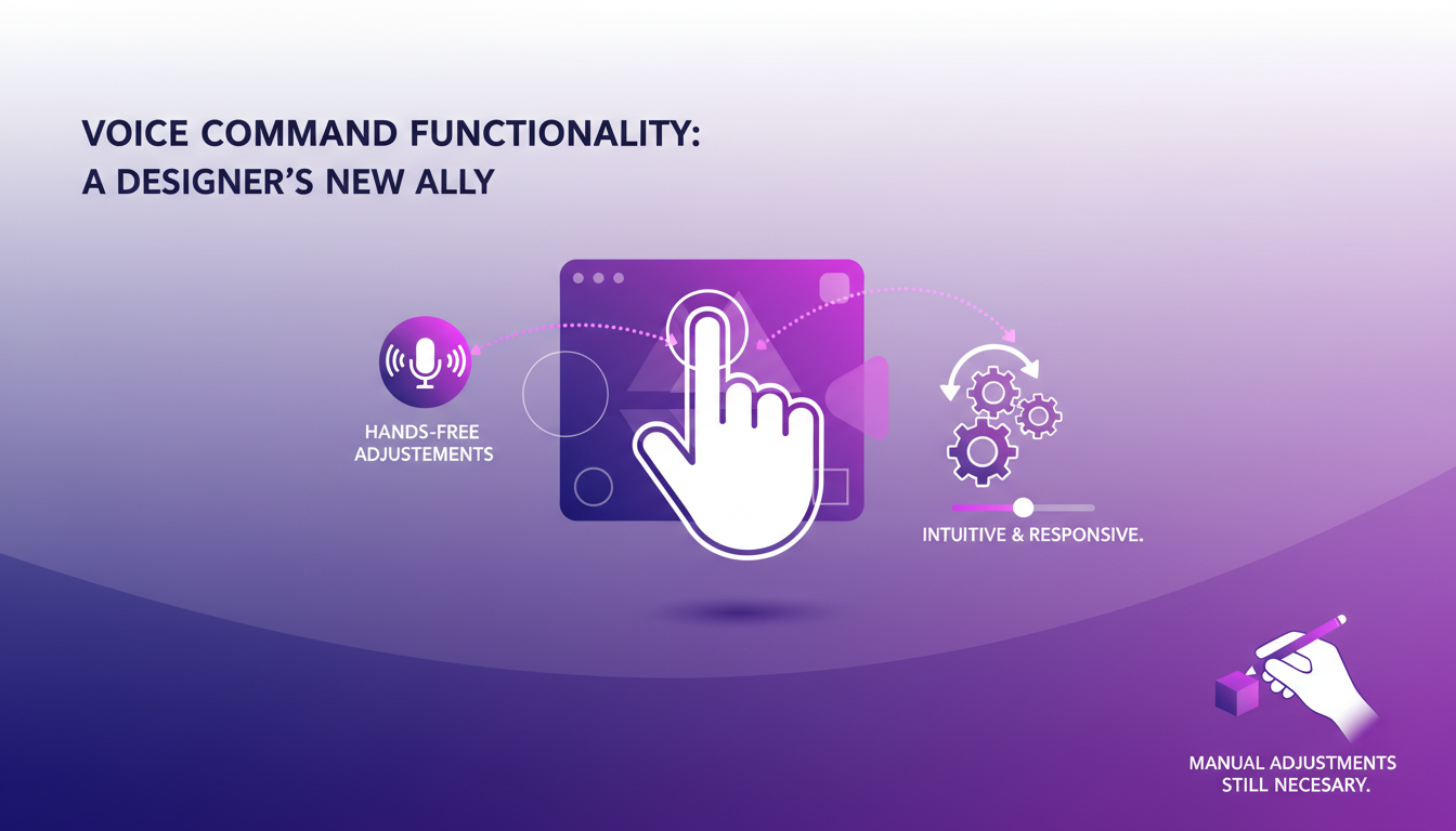 Modern illustration of voice command functionality for designers, featuring geometric shapes and violet gradients.