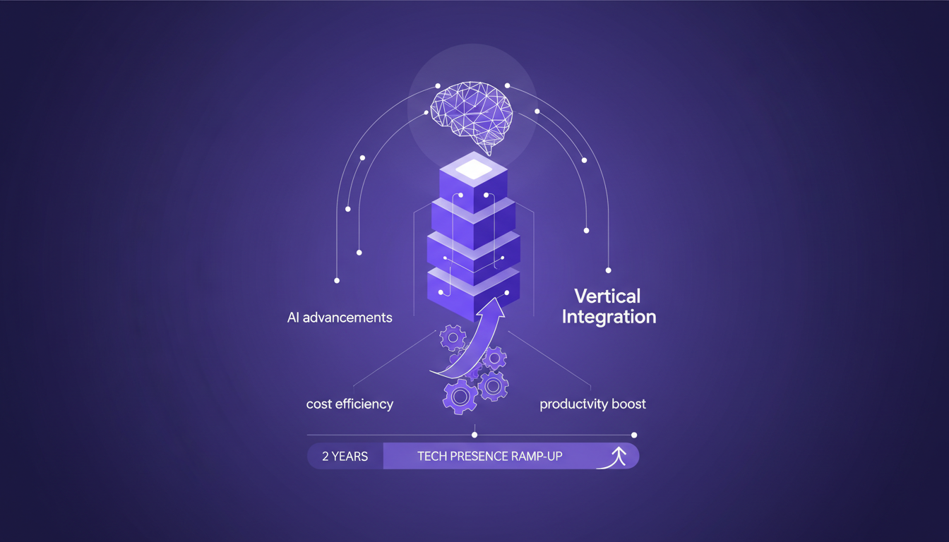 Modern illustration of Google's vertical integration highlighting AI advancements and cost efficiency, featuring indigo and violet palette.