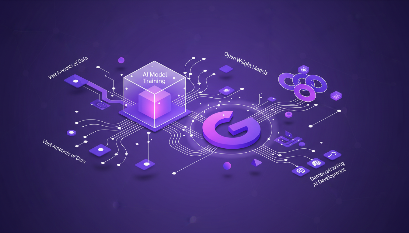 Modern illustration of AI model training and data access with geometric shapes and indigo-violet gradients, showcasing innovation.