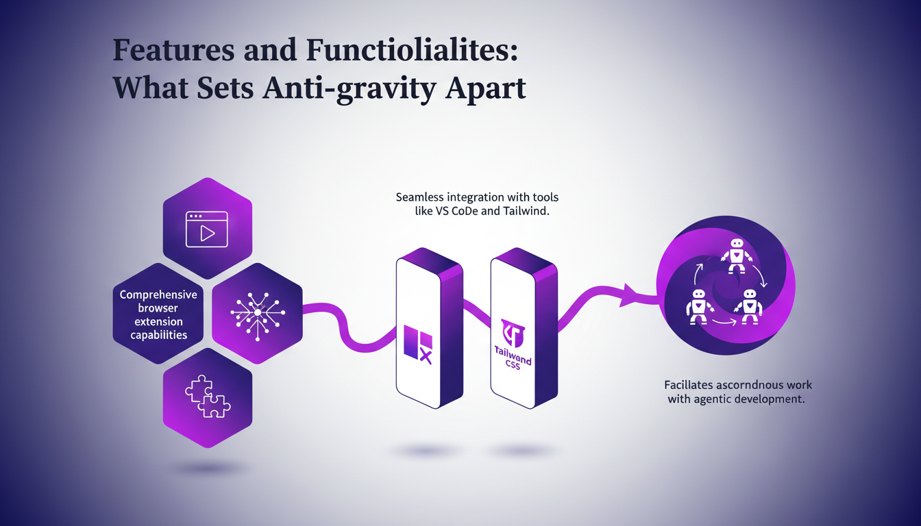 Modern illustration depicting anti-gravity features with VS Code and Tailwind integration, minimalist style in indigo and violet hues.