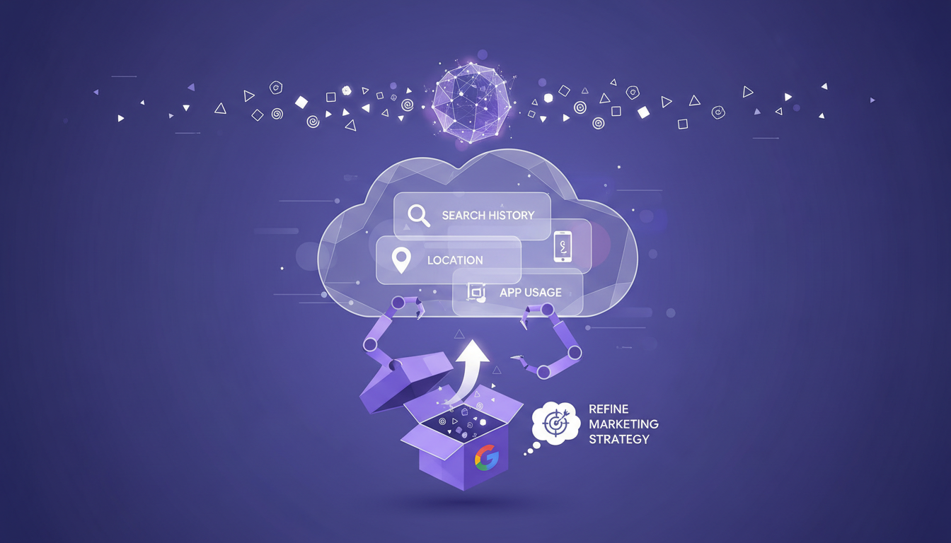 Illustration moderne minimaliste sur la collecte de données par Google, montrant des formes géométriques et des dégradés en indigo et violet.