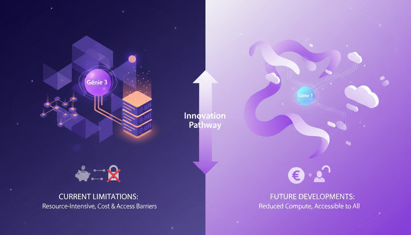 Modern illustration of current limitations and future developments of Génie, highlighting real-time capabilities and economic challenges.