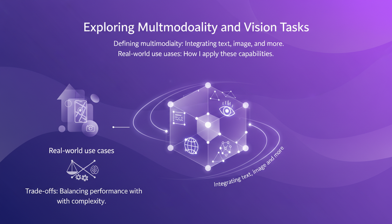 Modern illustration of exploring multimodality and vision tasks, integrating text and image with geometric shapes and gradient overlays.