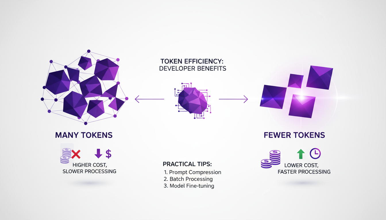 Modern minimalist illustration on token efficiency with geometric shapes and indigo gradients to optimize AI projects.