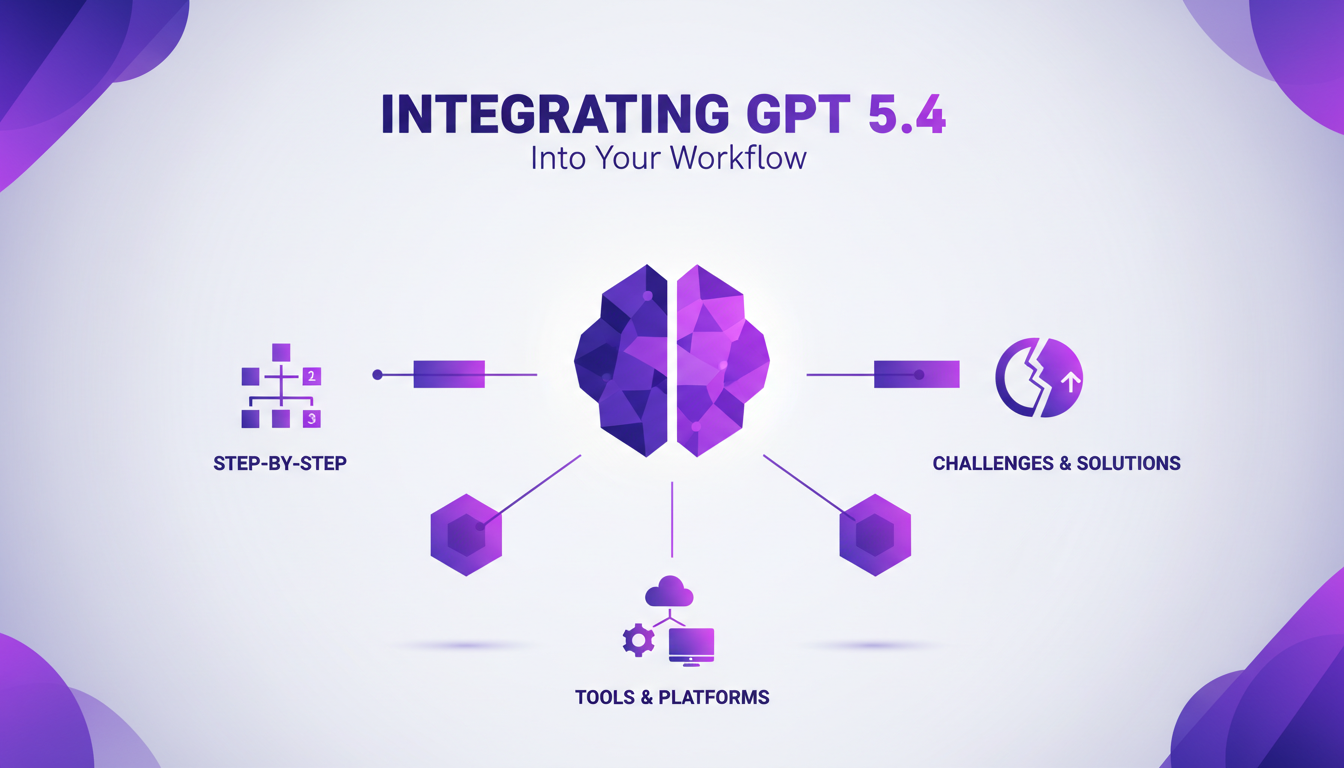 Modern illustration of integrating GPT 5.4 into workflow, featuring geometric shapes and indigo-violet gradients, symbolizing AI innovation.
