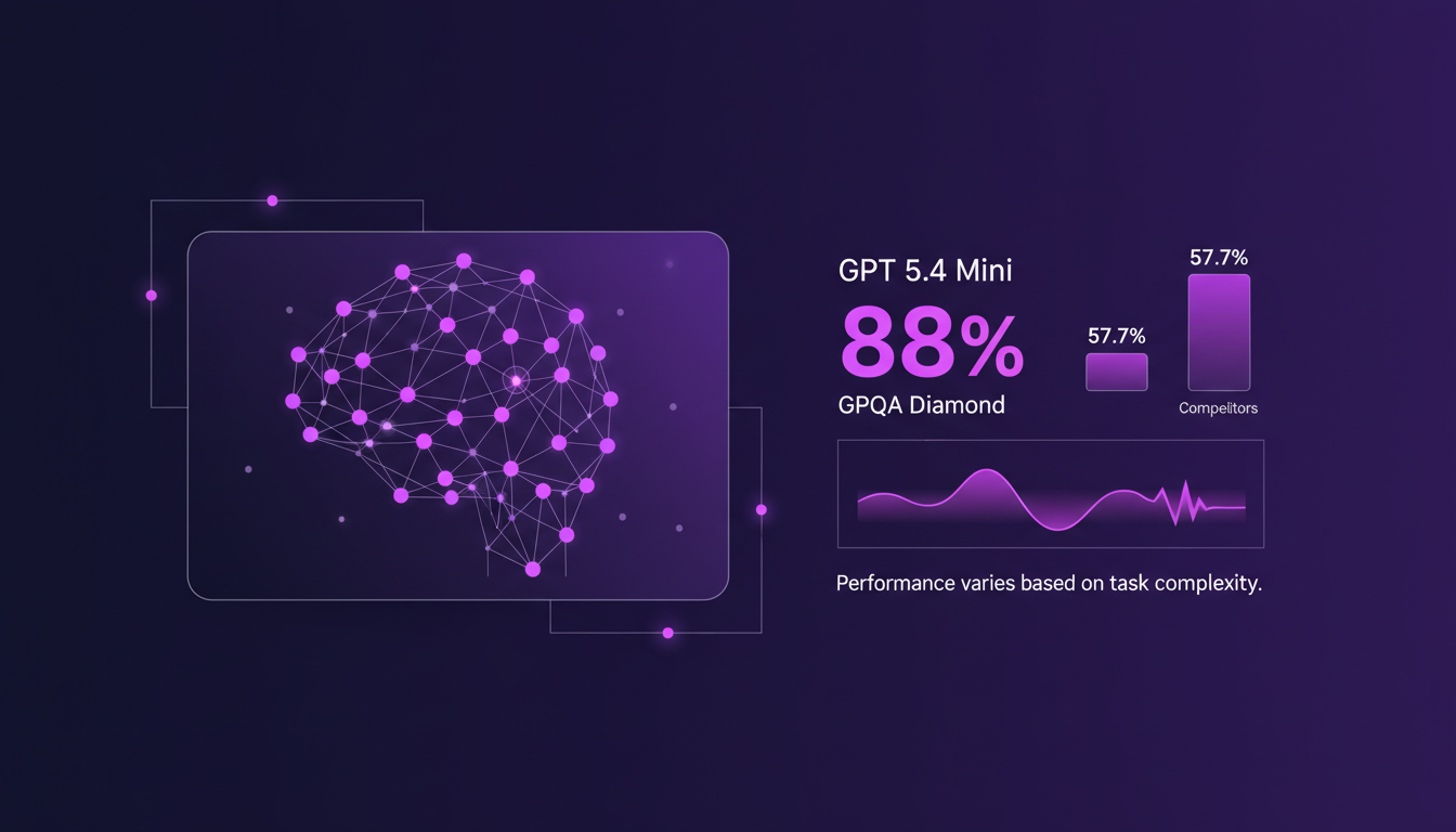 Illustration moderne des métriques de performance de GPT 5.4, montrant un score de 88% sur GPQA diamond avec des formes géométriques et des dégradés.