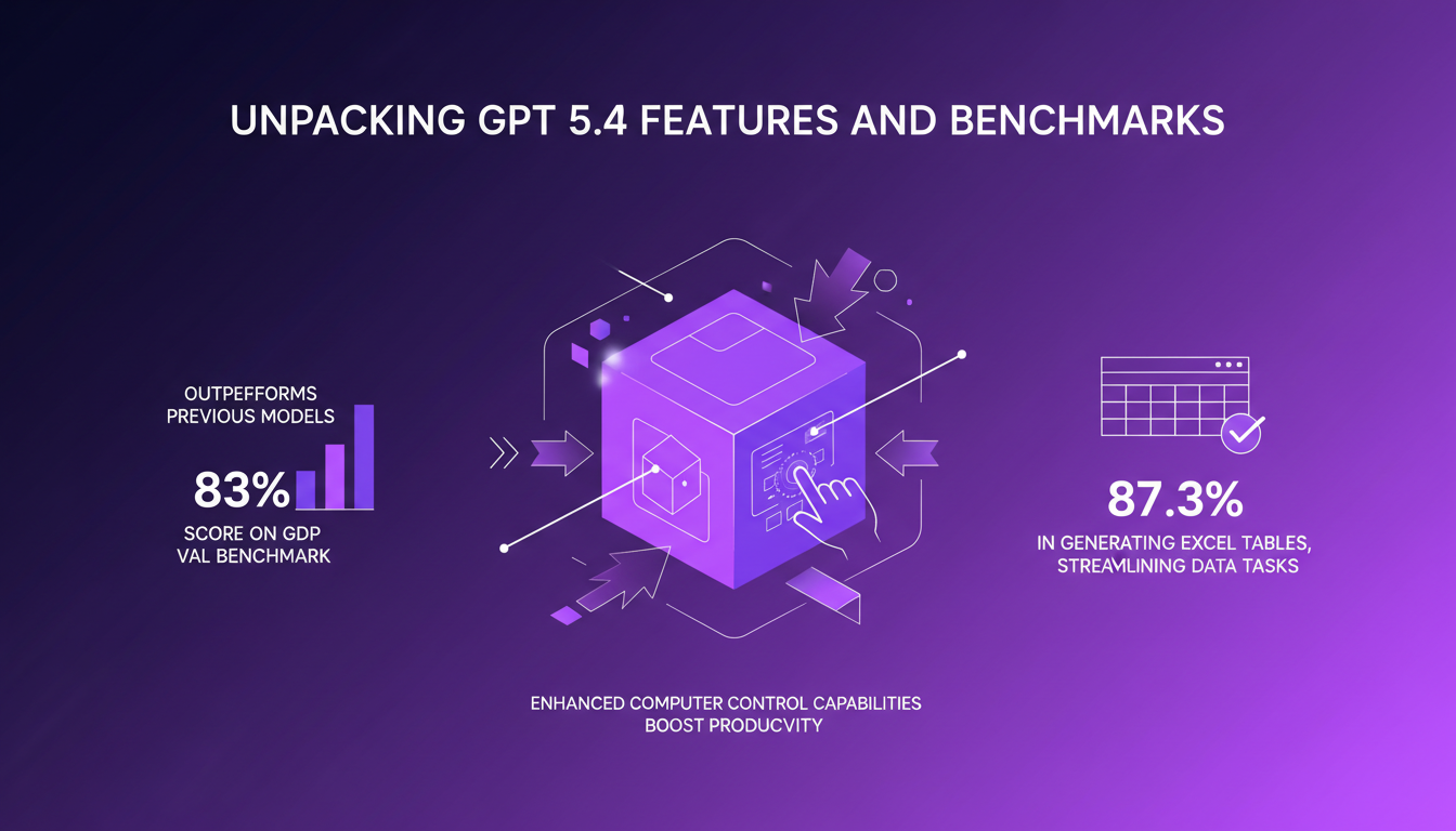 Illustration moderne de GPT 5.4 avec formes géométriques, démontrant des performances supérieures et capacités avancées en IA.