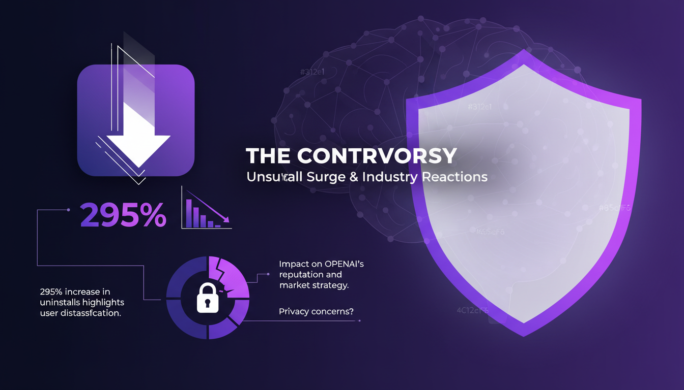 Illustration moderne sur la controverse des désinstallations massives, montrant l'impact sur la réputation d'OpenAI et les préoccupations de confidentialité.