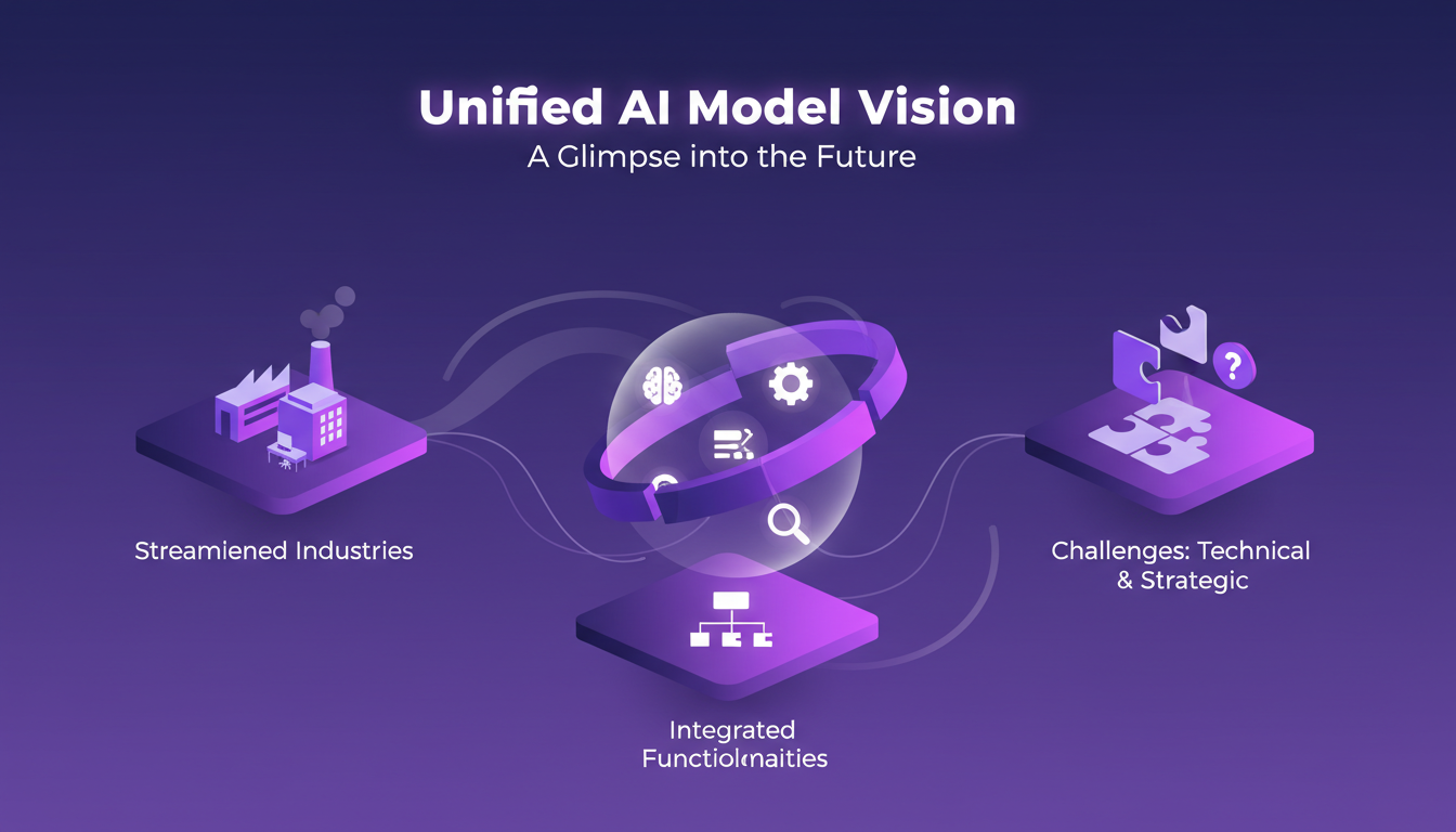 Illustration moderne d'un modèle d'IA unifié, intégrant diverses fonctionnalités avec des formes géométriques et dégradés indigo.