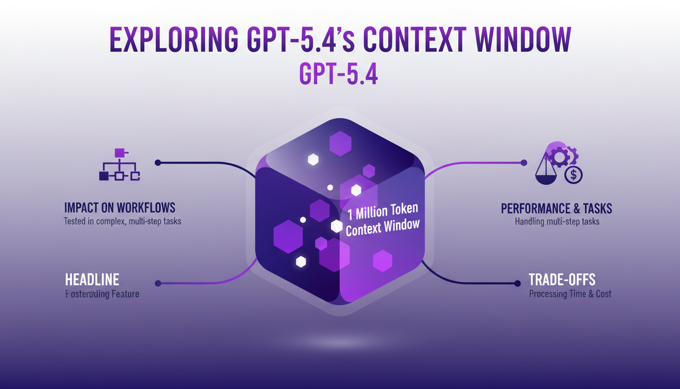 Modern illustration of GPT 5.4 exploring the 1 million token context window, impact on complex tasks, minimalist style.